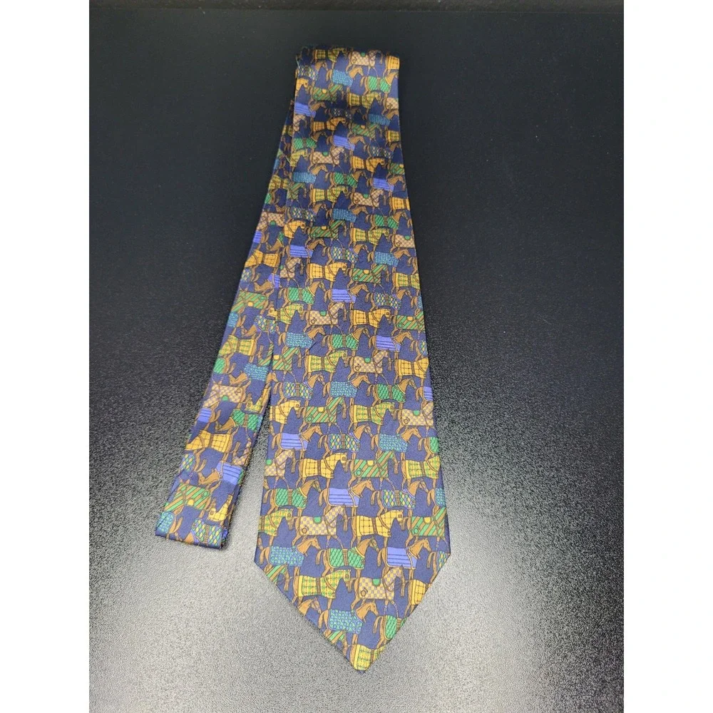 Lanvin Men's Necktie Blue Equestrian Horse Silk 3.5